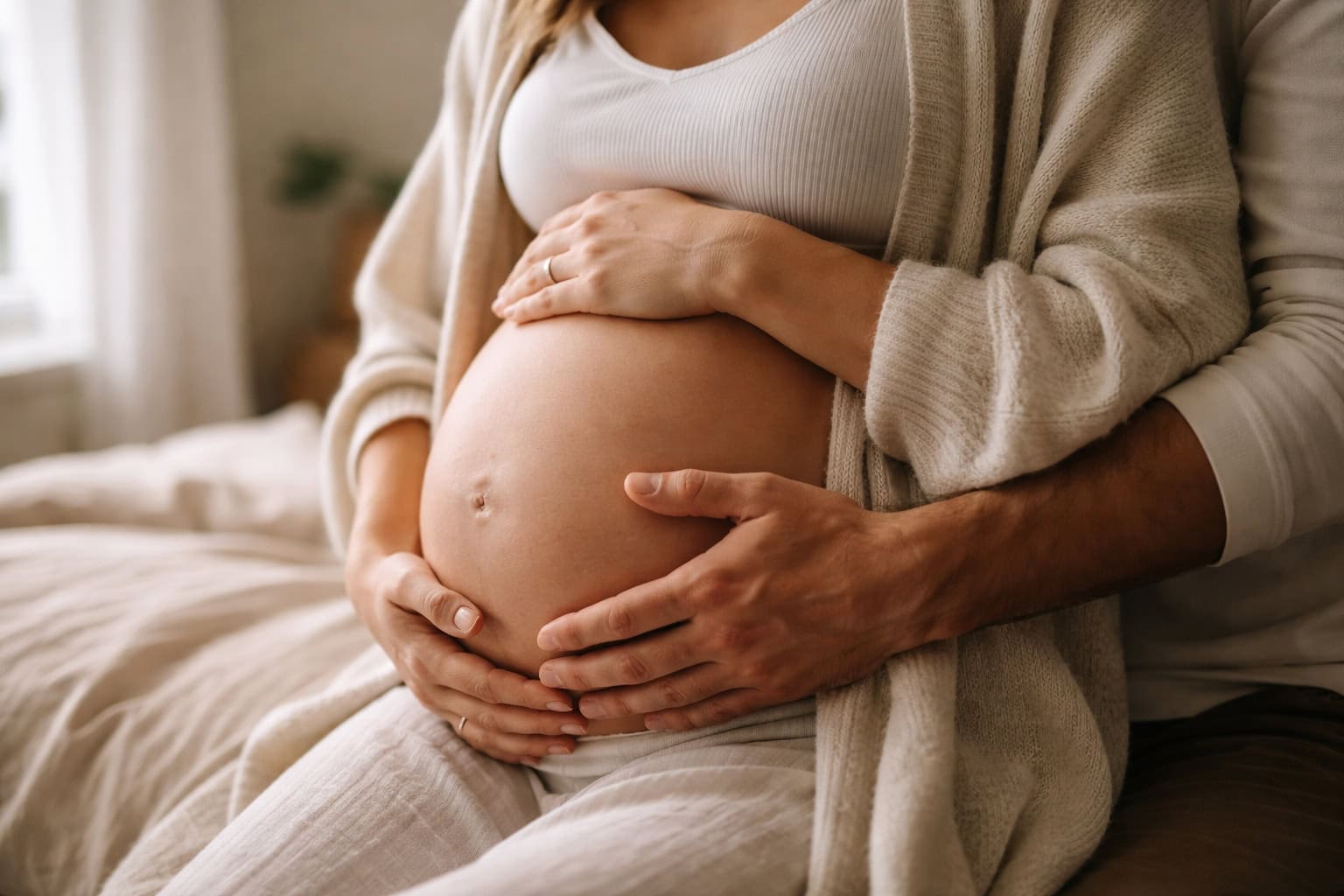 Natürliches Babybauchshooting - werdende Mutter hält Bauch in entspannter Atmosphäre, Schwangerschaftsfotografie Münster